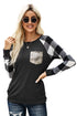 Plaid Splicing Sequined Pocket Long Sleeve Top